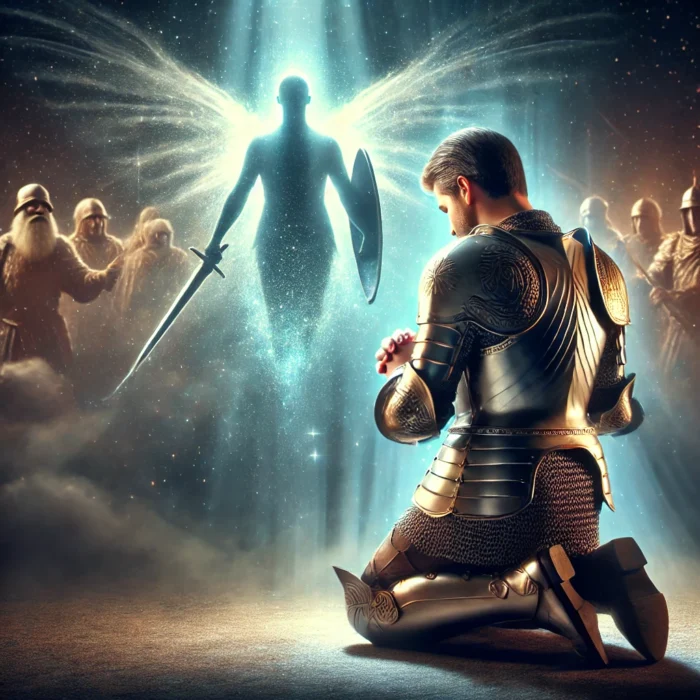 DALL·E 2025-03-01 20.10.48 - A warrior in shining armor kneeling in prayer, surrounded by celestial light. Behind him, an invisible heavenly army is fighting his battles. The scen