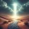 DALL·E 2025-03-01 20.18.02 - A pathway in the middle of a desert, illuminated by a celestial light on the horizon. The scene conveys trust, faith, and the certainty that God never