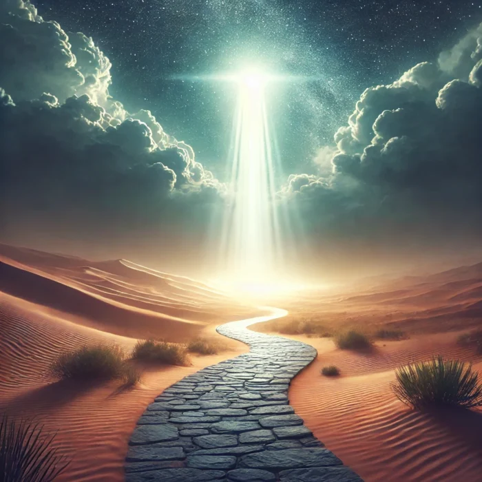 DALL·E 2025-03-01 20.18.02 - A pathway in the middle of a desert, illuminated by a celestial light on the horizon. The scene conveys trust, faith, and the certainty that God never