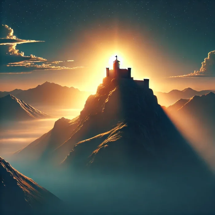 DALL·E 2025-03-01 20.27.32 - A fortress illuminated by the rising sun on top of a mountain, representing God as a secure refuge. The image conveys protection, safety, and peace fo