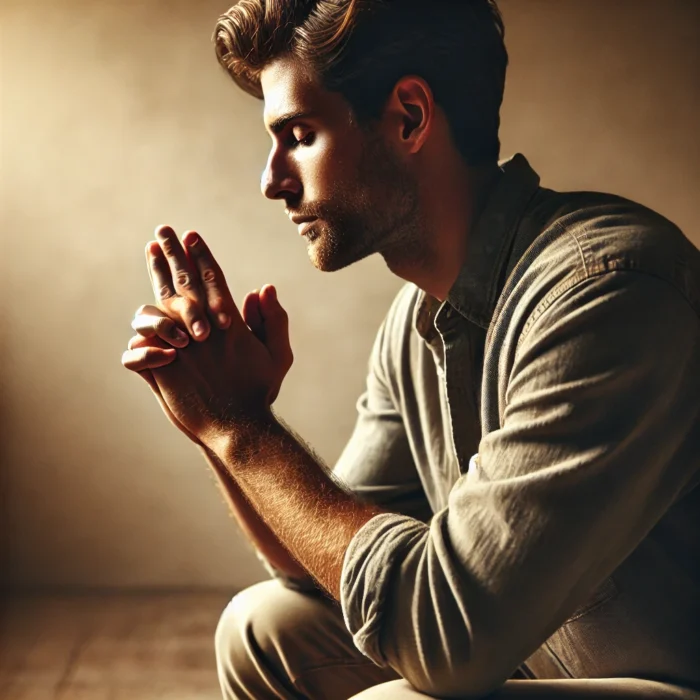 DALL·E 2025-03-01 20.37.28 - A realistic image of a man kneeling in prayer in a simple and modest setting, wearing casual everyday clothing. His expression conveys faith, strength