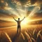 DALL·E 2025-03-01 20.42.11 - A realistic image of a person standing in an open field at sunrise, arms raised in gratitude and faith. The sky reflects a golden light of victory, co