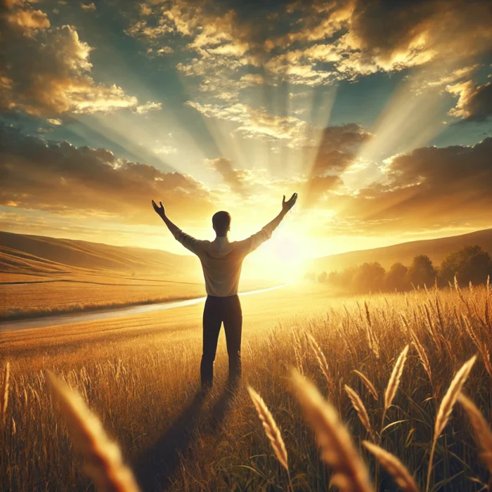 DALL·E 2025-03-01 20.42.11 - A realistic image of a person standing in an open field at sunrise, arms raised in gratitude and faith. The sky reflects a golden light of victory, co